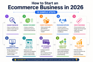 Infographic outlining steps to start an ecommerce business in 2026.