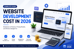 Graphic illustrating website development costs with various digital devices and pricing models for 2026.