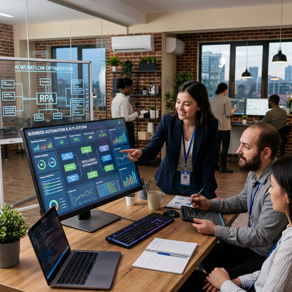 A collaborative workshop with a group discussing AI automation strategies, featuring a large screen displaying data analytics and charts.