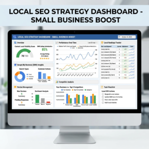 Local SEO strategy dashboard on a computer screen displaying performance metrics for a small business.