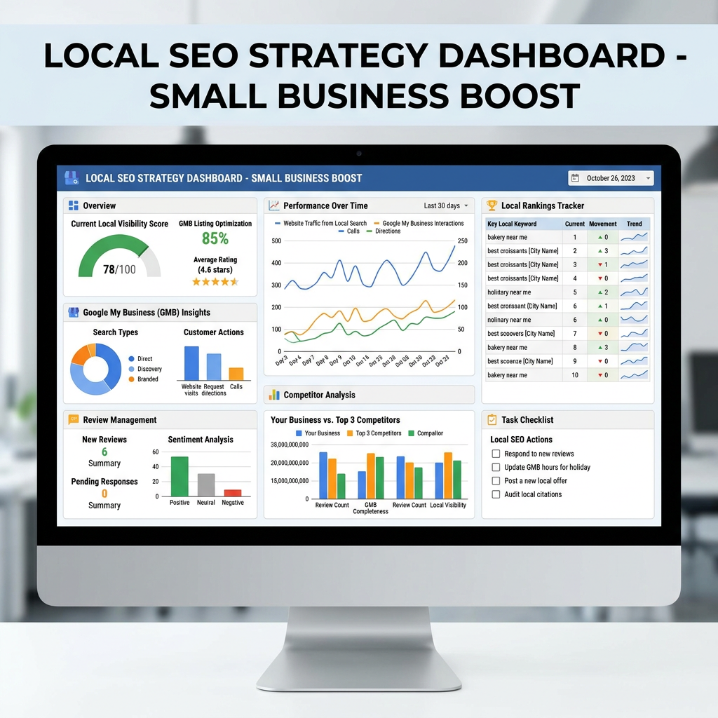Local SEO strategy dashboard on a computer screen displaying performance metrics for a small business.