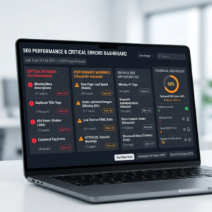 SEO performance and critical errors dashboard displayed on a laptop screen.