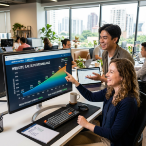 Two professionals reviewing a graph showing website sales performance on a large monitor in a modern office setting.