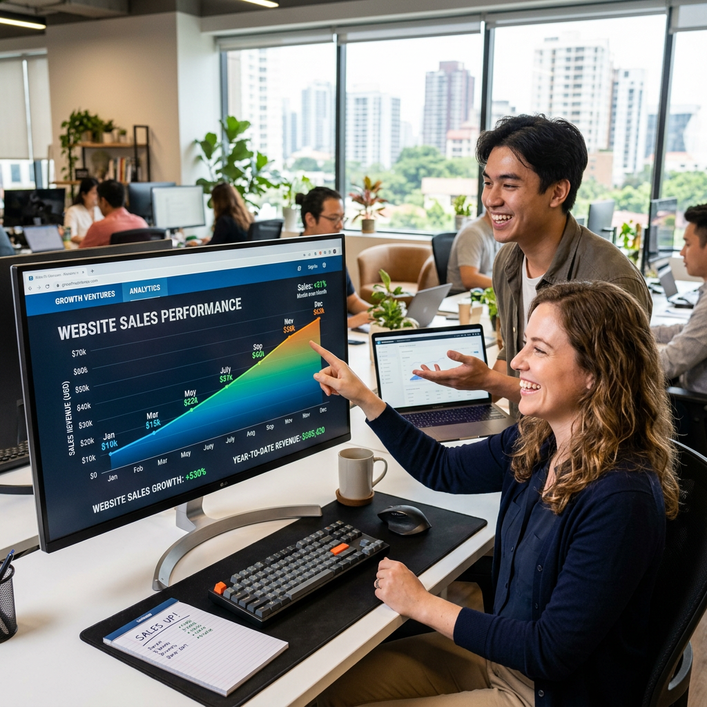 Two professionals reviewing a graph showing website sales performance on a large monitor in a modern office setting.