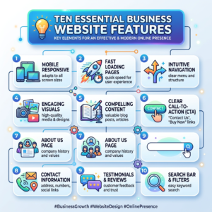 Infographic listing ten essential features for modern business websites.