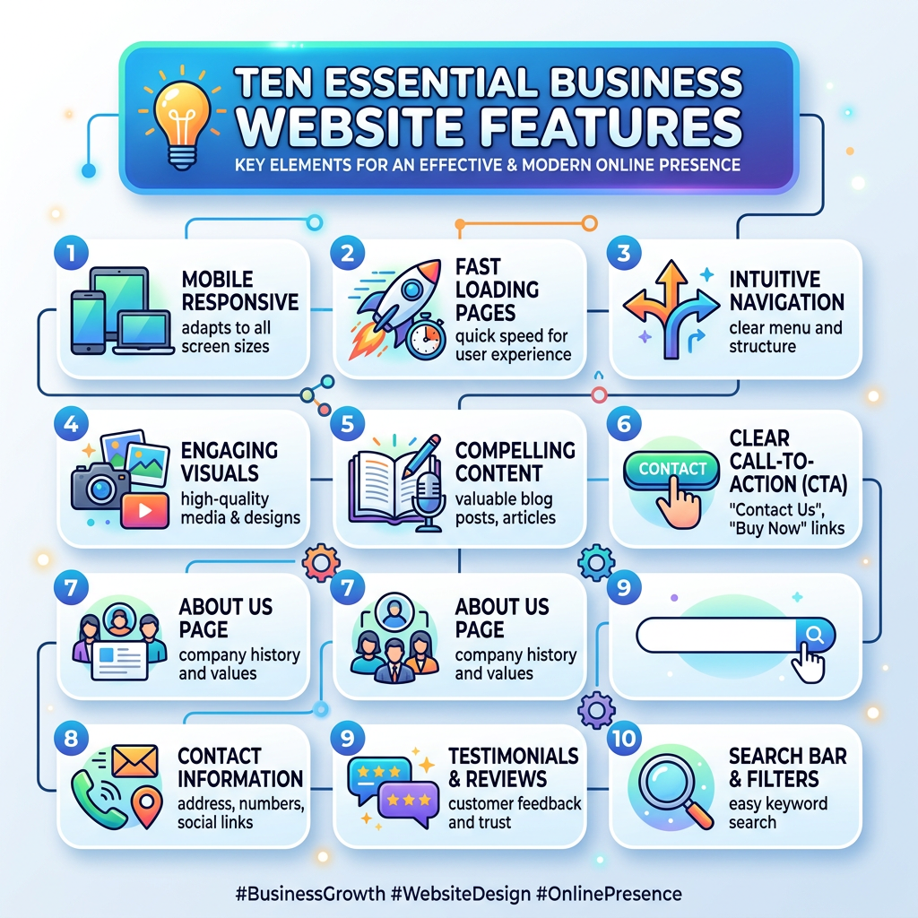 Infographic listing ten essential features for modern business websites.