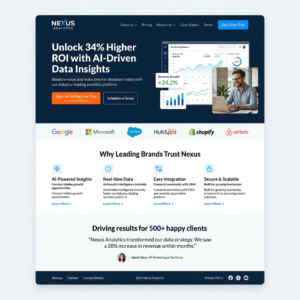 Nexus Analytics webpage promoting 34% higher ROI through AI-driven data insights