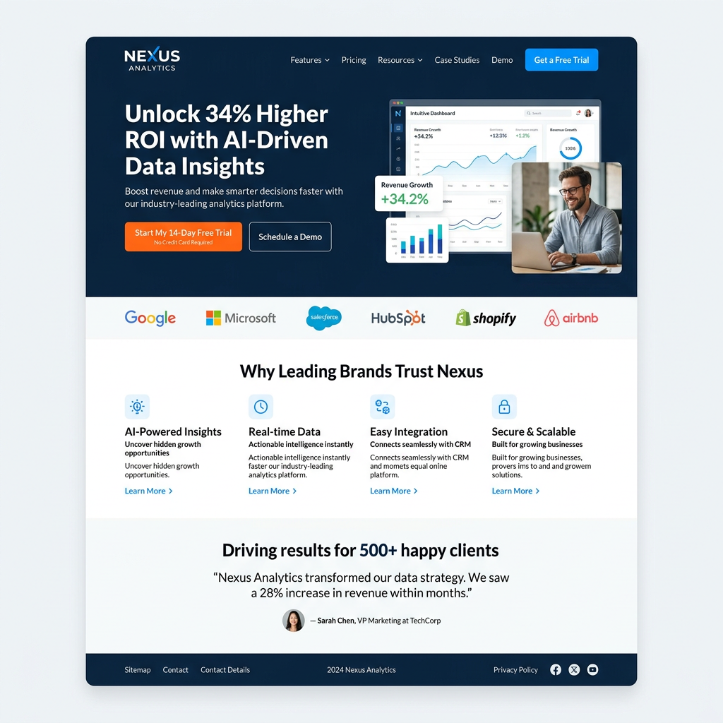 Nexus Analytics webpage promoting 34% higher ROI through AI-driven data insights