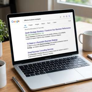 A laptop displaying a Google search for effective business strategies with some consulting service results.