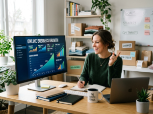 Business owner reviewing online growth charts beside product orders and laptop