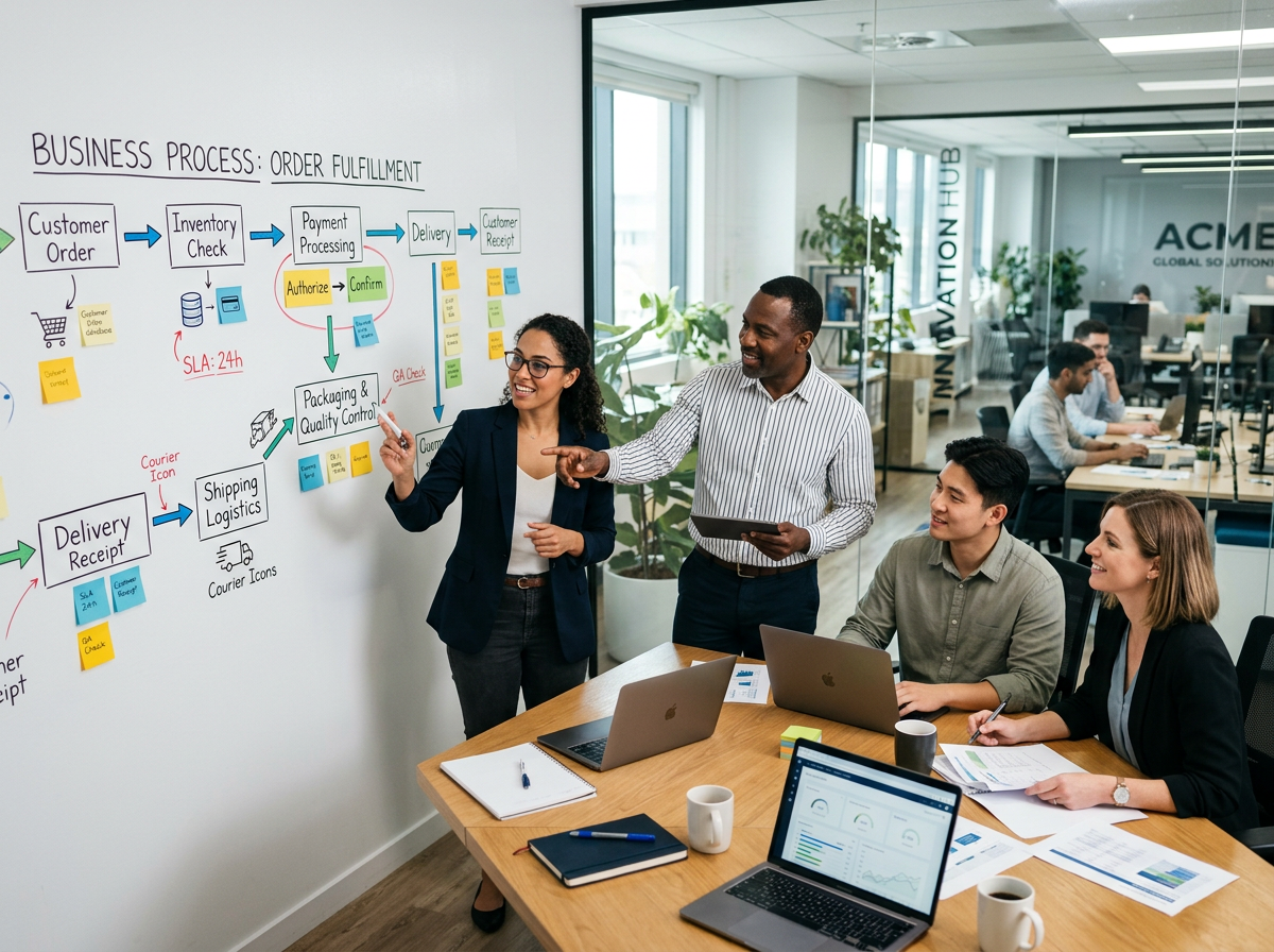 Business team reviewing an order fulfillment workflow on a whiteboard