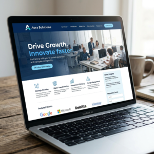 A laptop displaying the homepage of Aura Solutions consulting website, highlighting services and featured clients.