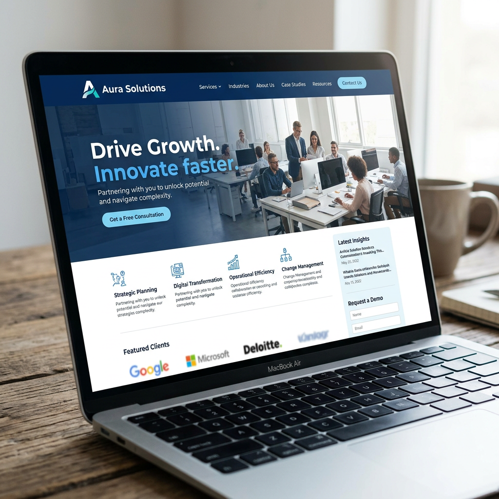A laptop displaying the homepage of Aura Solutions consulting website, highlighting services and featured clients.