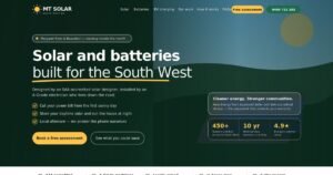 Website screenshot for MT Solar featuring solar and battery solutions for the South West region.