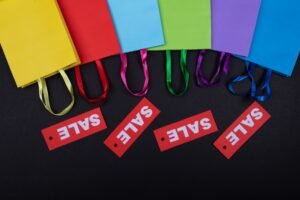 red tags with colorful paper bags