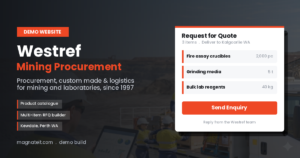 Demo website preview for Westref mining procurement with a request for quote builder